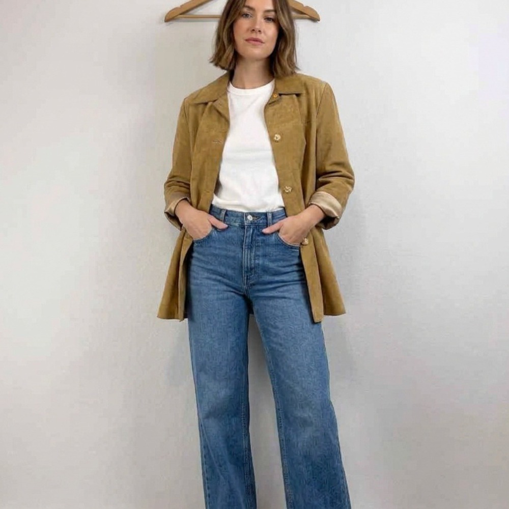 Vintage‎ Womens Tan Beige Genuine Suede Leather Button Front Jacket US 14 UK 18